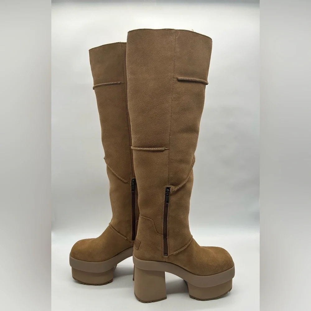 UGG Tall Suede Platform Shearling Lined Chunky Heel Boots Brown Size 8